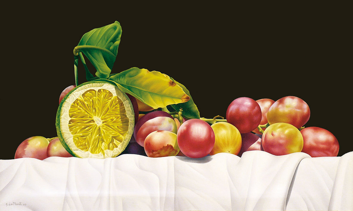 Lo Presti Giovanni- Limone con uva, 2003, olio su tela, cm 47x79